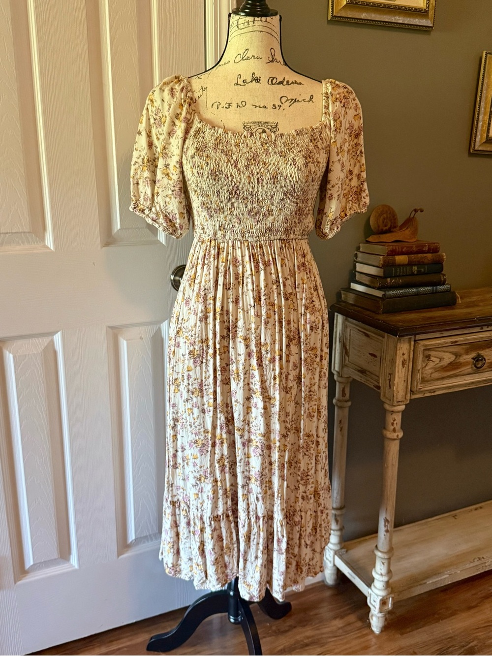 Dress Forum Cream Floral Smocked Midi Dress